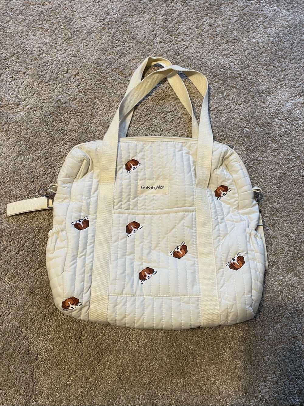 GoBabyMart Cream Quilted Diaper Tote Bag with Embroidered Puppy Print